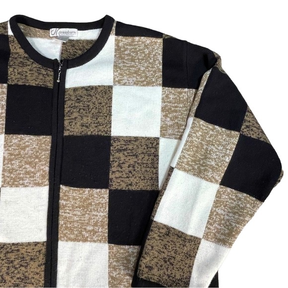 Dressbarn plus size 18/20 black gold white acrylic checkered zip cardigan EUC - Picture 7 of 15
